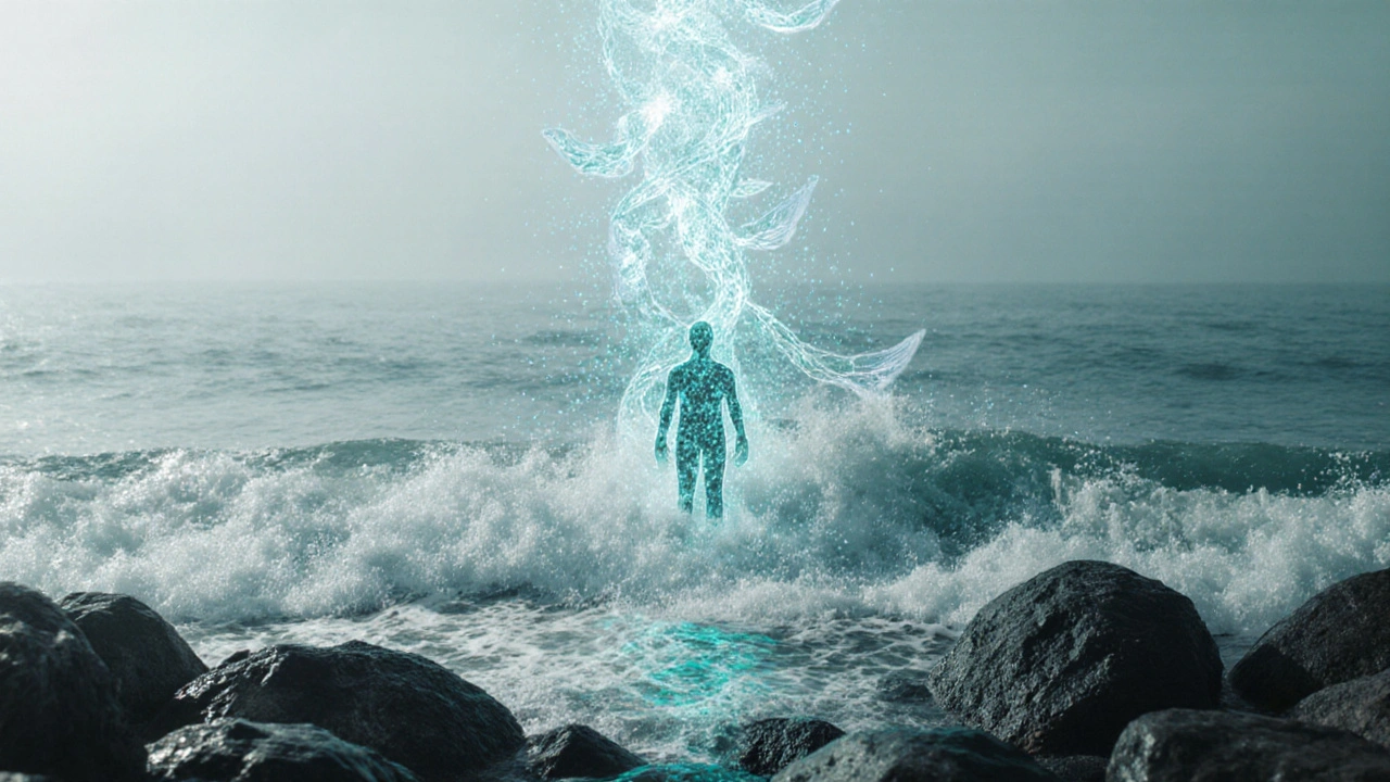 Vlna oceánu s rybími šupinami, které se mění v kolagenová vlákna směrem k lidskému obrazu.