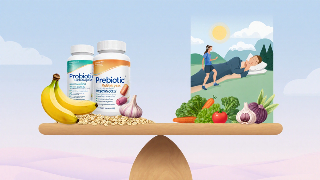 Vyvážená kombinace probiotik, prebiotik a zdravého životního stylu pro podporu střevního zdraví.