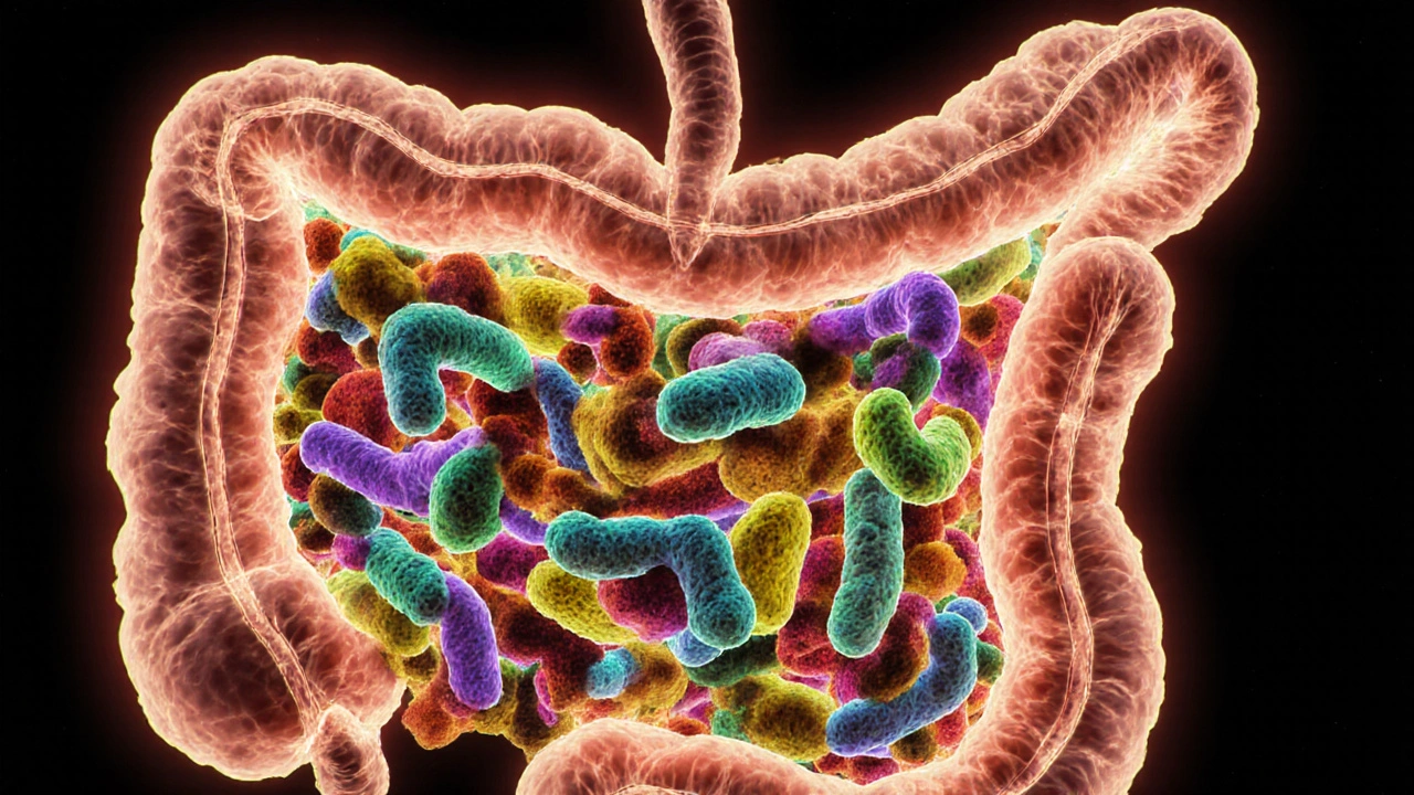 Zdravá střevní mikroflóra s prospěšnými bakteriemi v boji proti škodlivým mikroorganismům po antibiotikách.