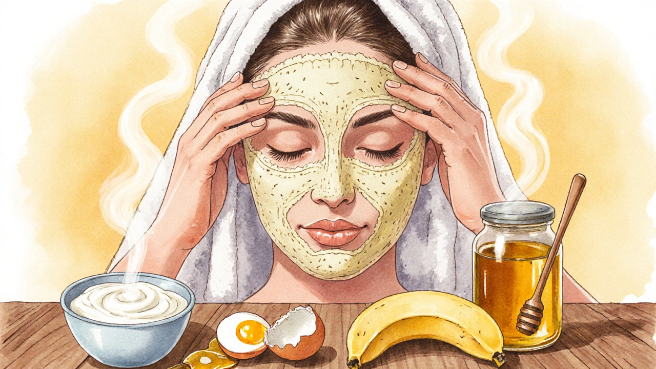 Žena aplikuje domácí masku na vlasy, obalené teplou ručníkem, s přírodními ingrediencemi na stole.