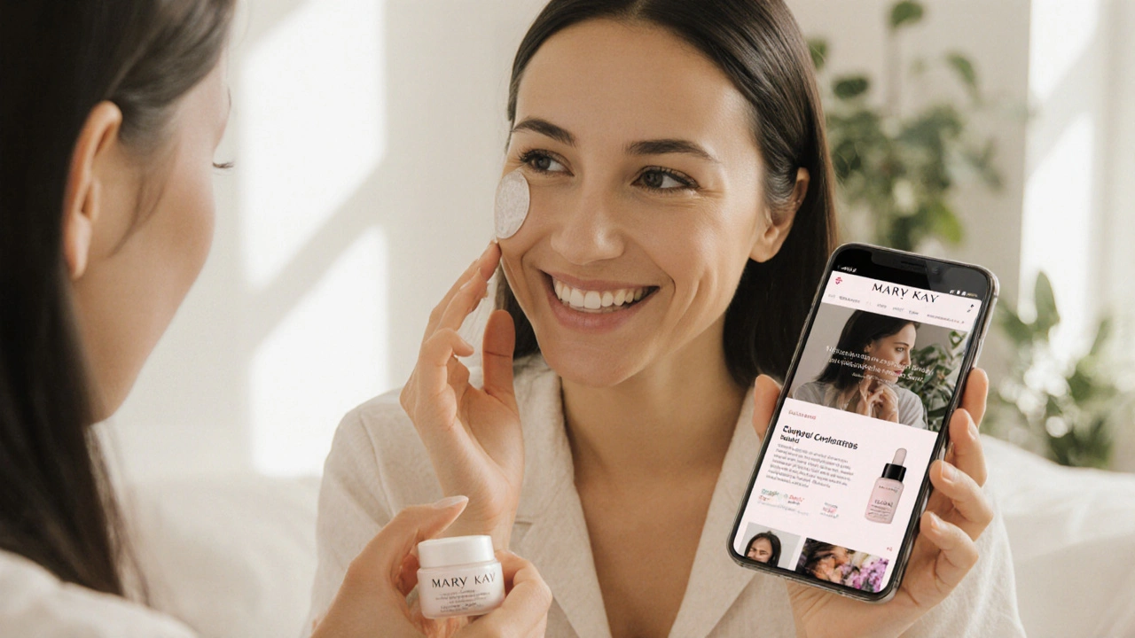 Žena aplikuje krém na obličej, drží vzorek a má na pozadí smartphone s webovým obchodem.