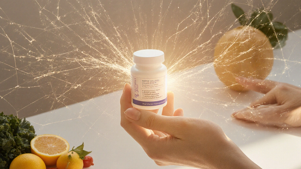 Žena drží prášek mořského kolagenu, který podporuje kůži, vlasy a nehty.