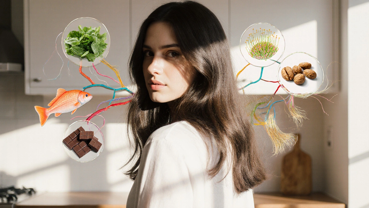 Žena s lesklými vlasy v kuchyni, s transparentním znázorněním výživy proudící do vlasových kořínků.