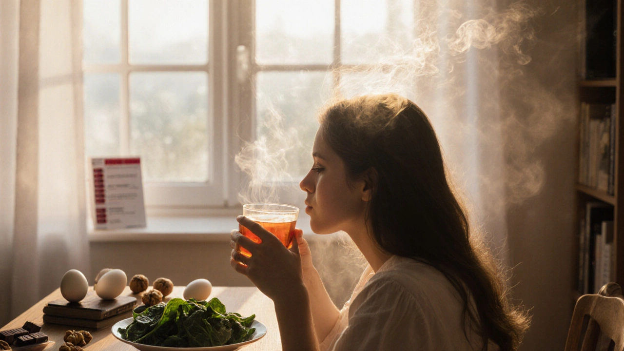 Žena sedí u okna s výživou pro vlasy, jemné vlásky se z ní zdají vznášet do světla.