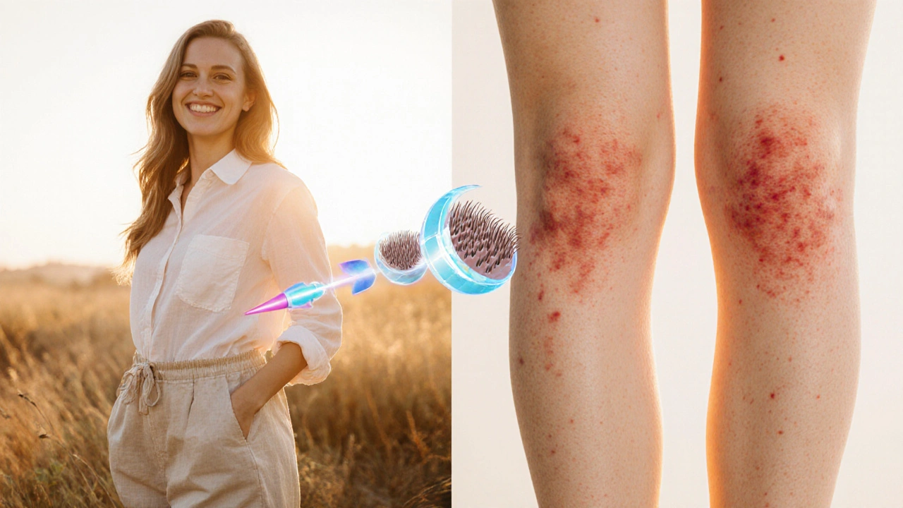 Žena v volném oblečení s vizuálním předpočtem a po depilaci, symbolicky s laserem.