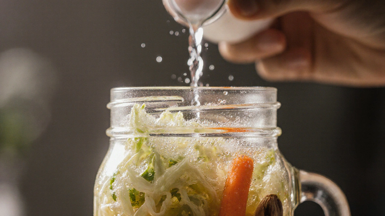 Živé laktobacily ve sklenici s kvašenými zeleninami a bublinkami.