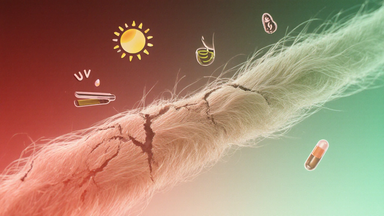 Zvětšený pohled na vlásek s mikrotrhlinami poškození a uzavřenými vlasovými kůrkami, symbolizující obnovu.