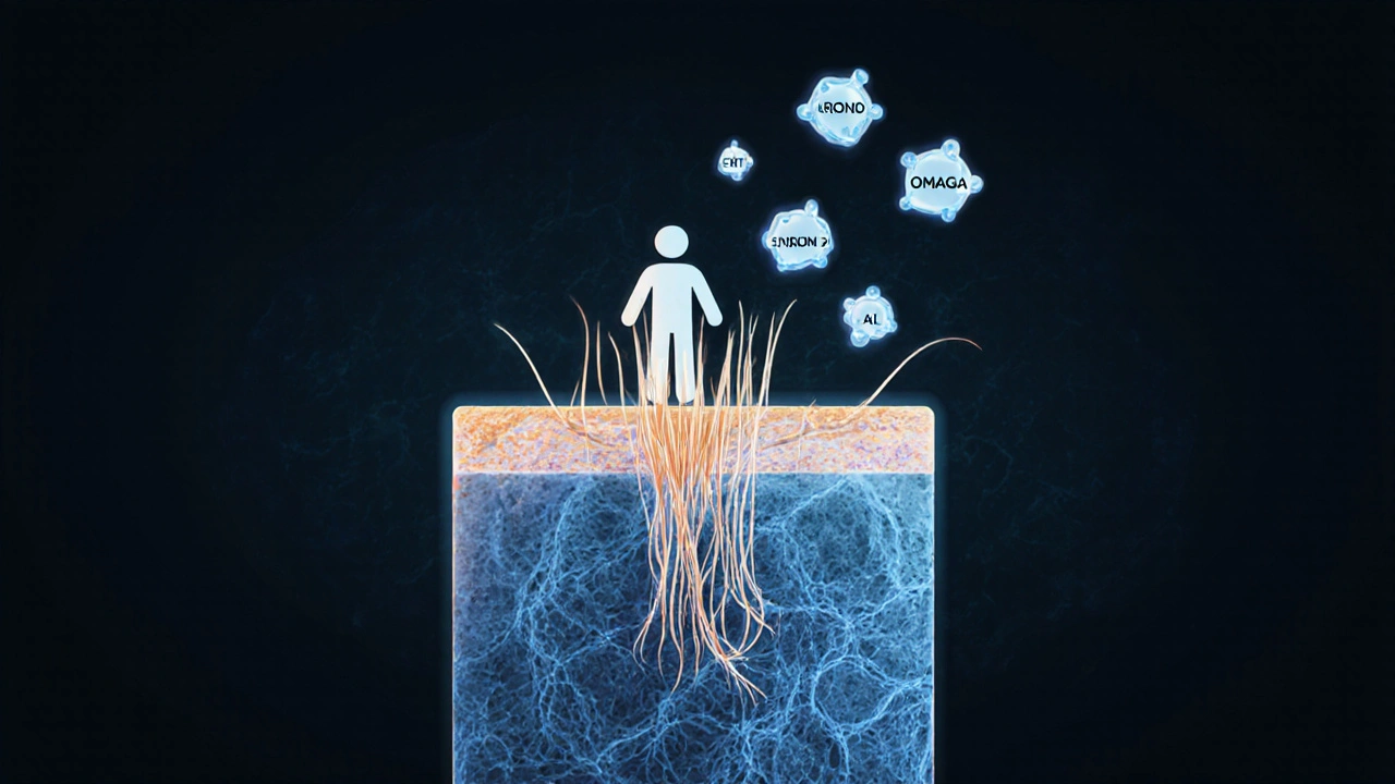 Zvětšený řez vlasového folikulu, kde DHT zmenšuje kořen, zatímco živiny přicházejí jako záchrana.