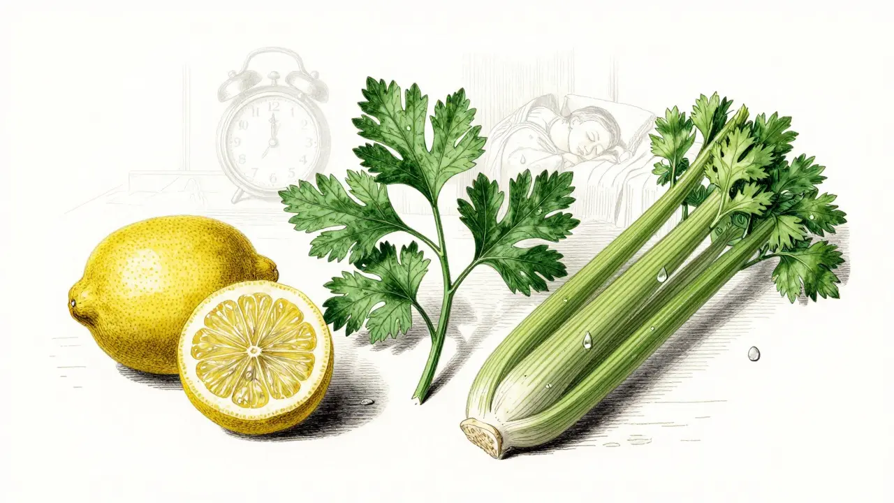 Botanický kreslený obraz citrónu, petržele a celeru s vodními kapkami, styl starého přírodního příručky.