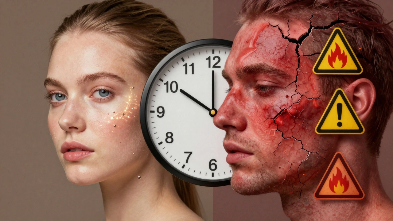 Dvě části obličeje: jedna zdravá a zářivá, druhá poškozená a červená, s časovým ukazatelem.