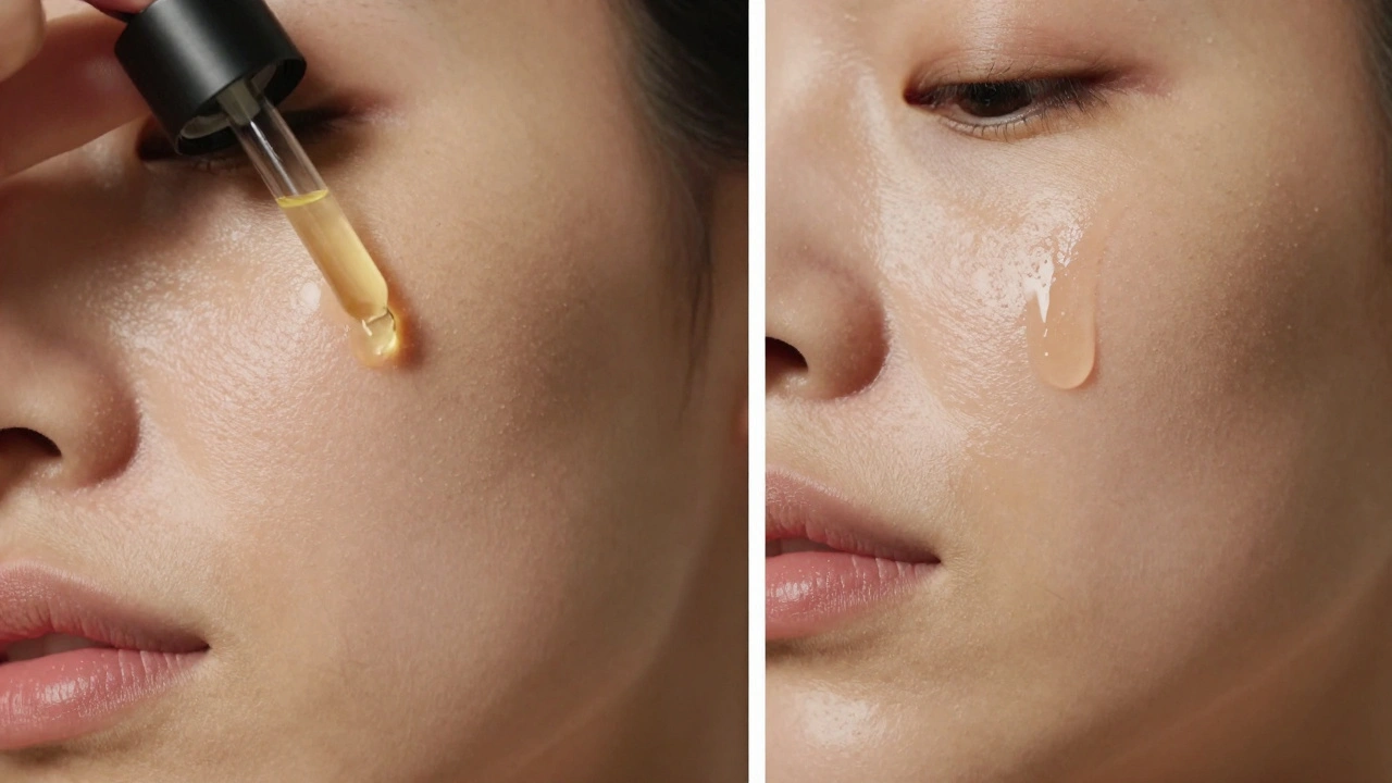 Dvě části obličeje: suchá a kombinovaná pokožka s různými oleji, přirozené osvětlení, detaily kůže viditelné.