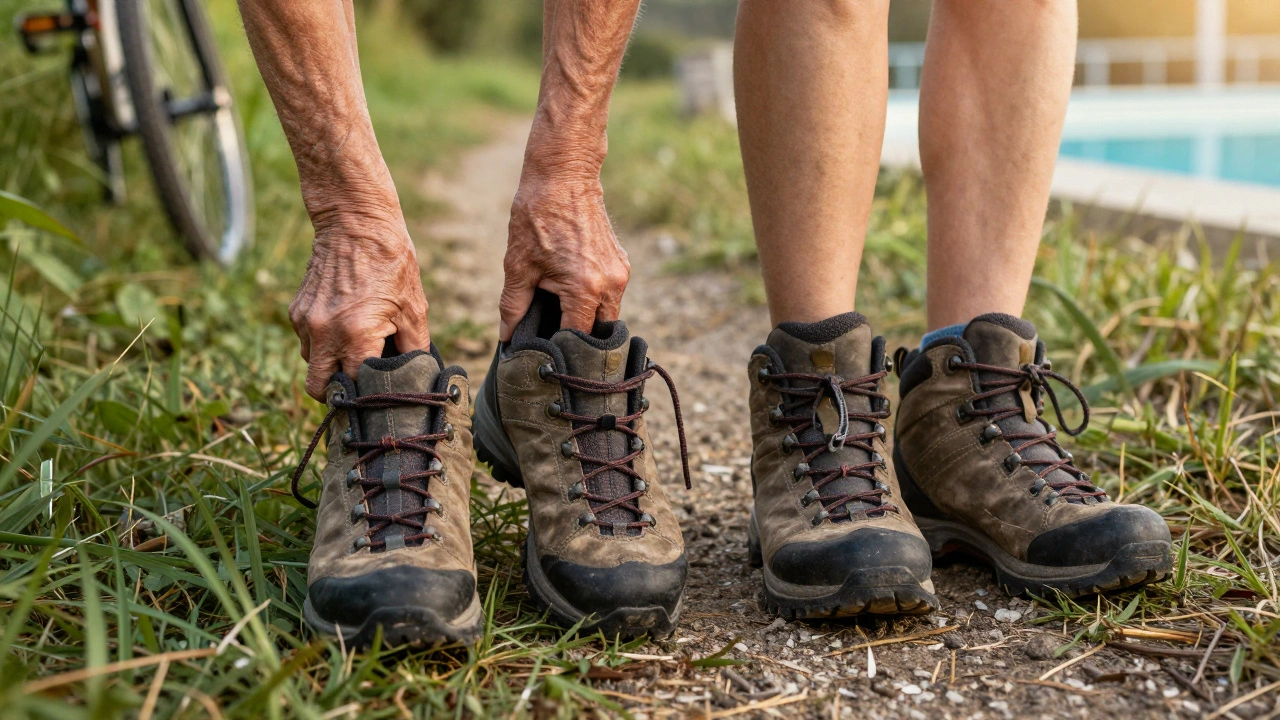 Dvě páry bot na trávě — symbol přechodu od bolesti k pohybu bez léků.