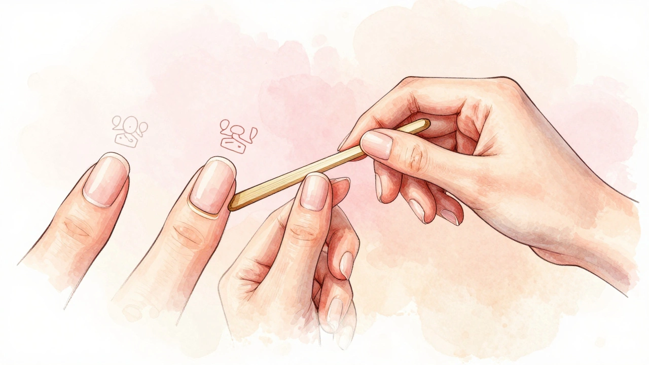 Ilustrace kroků manikúry: od čištění kutikuly po aplikaci základního, barevného a vrchního laku.