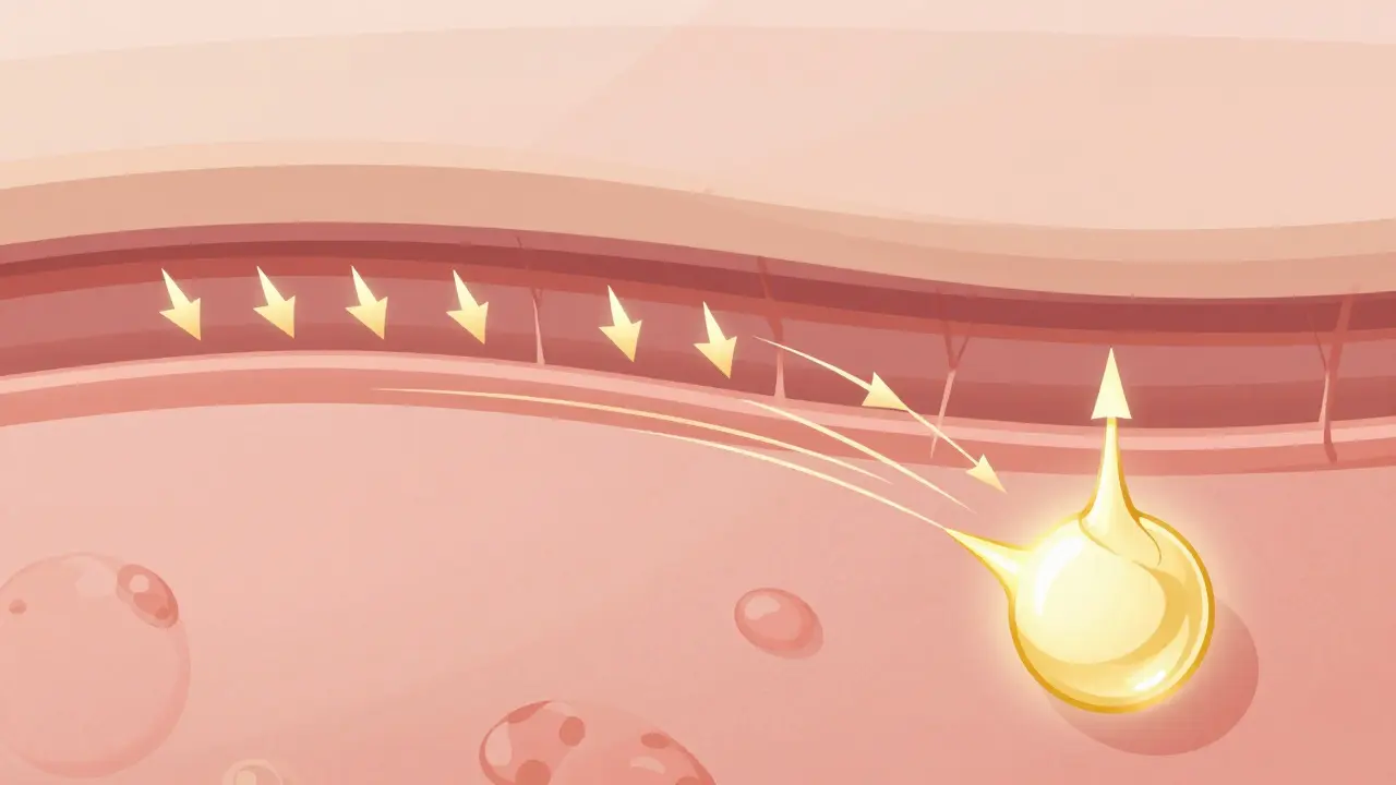 Ilustrace kůže ukazující, jak retinol stimuluje tvorbu kolagenu.