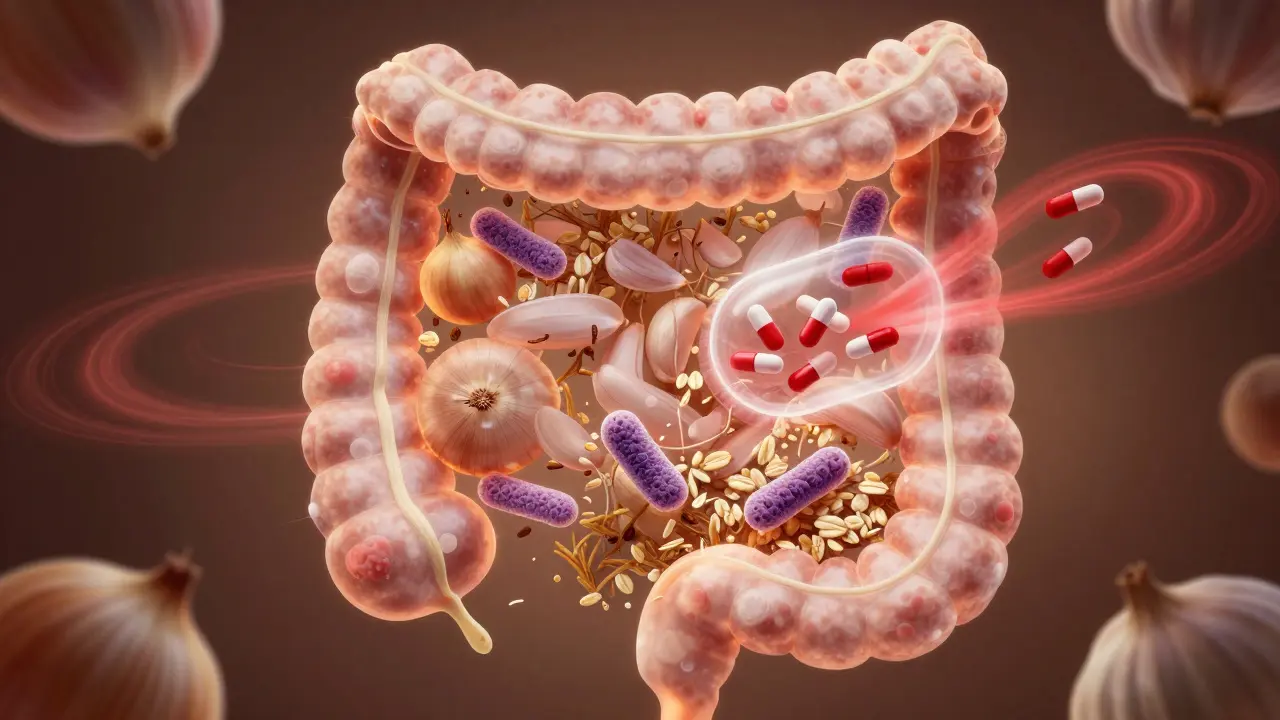 Izolovaný pohled na střevo s užitečnými bakteriemi a prebiotickými potravinami, antibiotika jsou blokována.