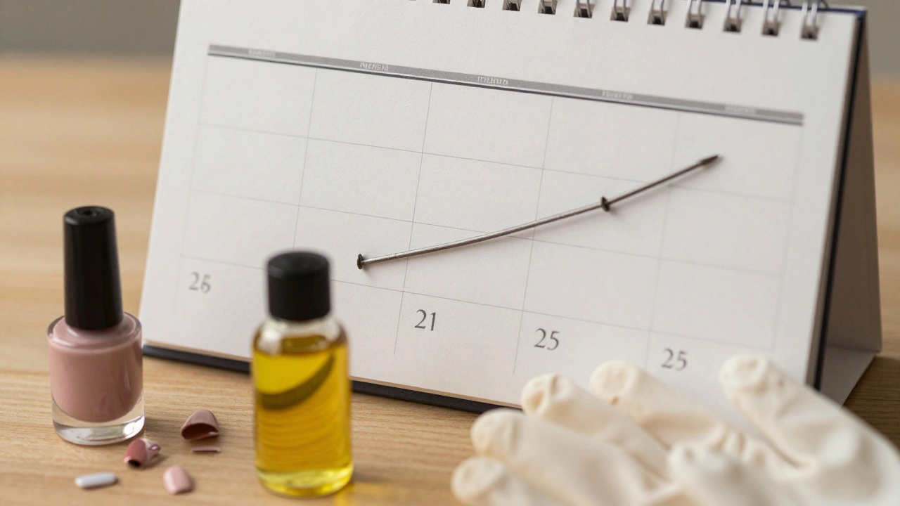 Kalendář ukazující růst nehtu během tří měsíců, vedle něj odstraněné lak a rukavice, symbolizující konzistentní péči.