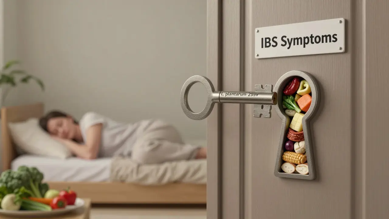 Klíč s názvem bakterie otevírá dveře s příznaky IBS, kolem jsou potraviny bohaté na vlákninu.