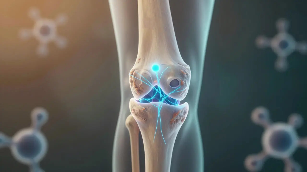 Klíčová anatomie kolenního kloubu s regenerujícími kolagenovými peptidy obnovujícími chrupavku.
