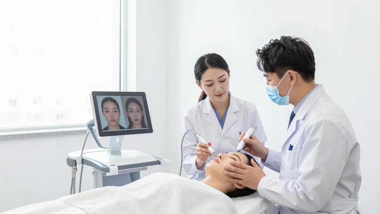 Kosmetická specialistka spolupracuje s dermatologem při analýze pokožky v estetickém centru.