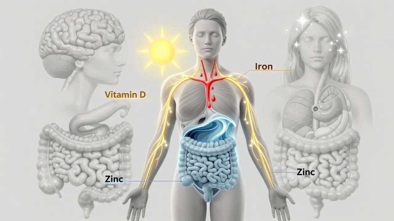 Kresba lidského těla s označenými místy nedostatku živin: D, železo, B12, magnezium, zinek