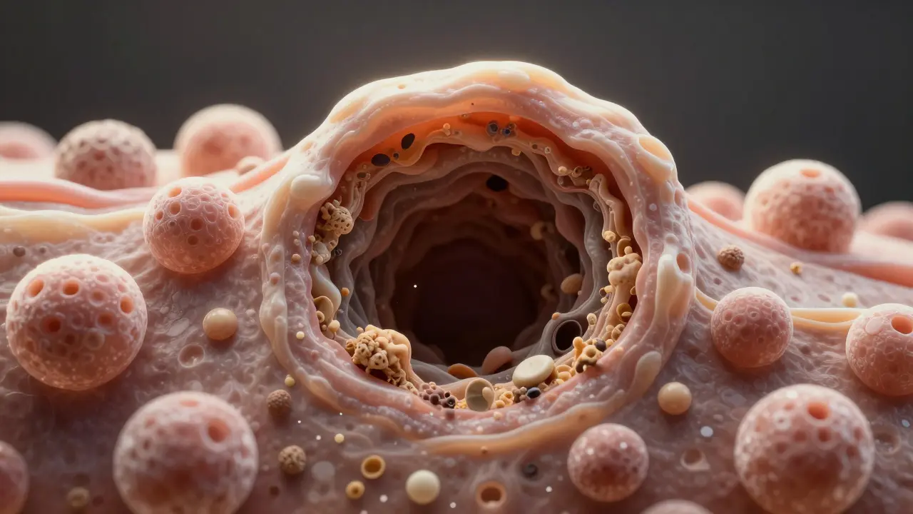 Mikroskopický pohled do zablokovaného pórů s mazem a mrtvými buňkami.