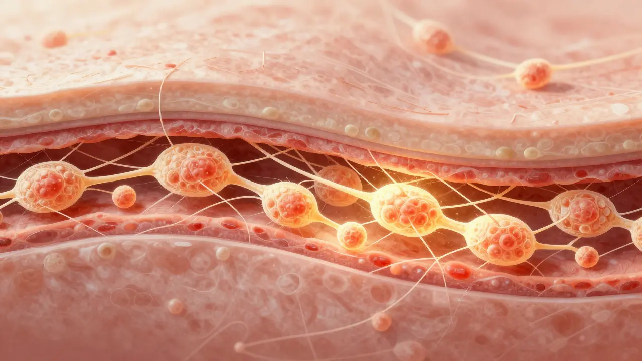 Mikroskopický pohled na kůži, kde fibroblasty vyrábějí kolagenová vlákna pod vlivem rybího kolagenu.