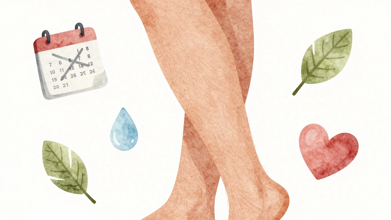 Nohy s jemnými vlasinky a symboly přirozeného růstu vlasů.