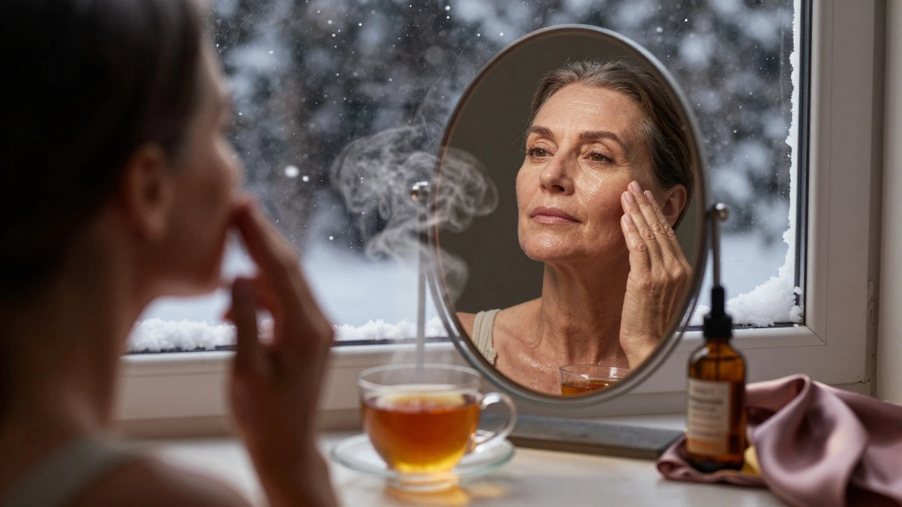 Odrážející se obličej v zrcadle s olejem, sníh venku, teplé barvy, klidná noční atmosféra.