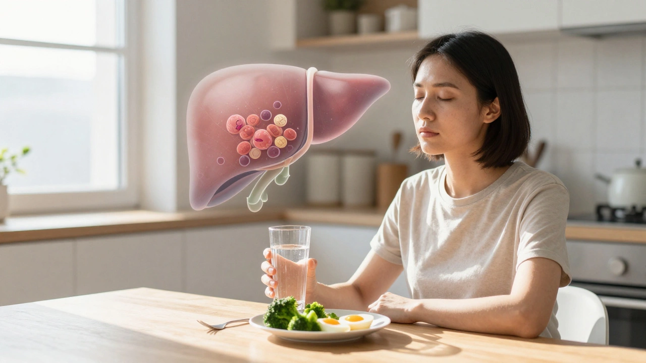 Osoba klidně sedí u stolu s vodou a brokolici, za ní průhledně regenerující játra v ranním světle.
