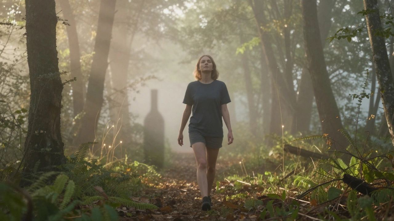 Osoba prochází mlhavým lesem ráno, kolem ní stoupají zlaté záře přirozeného klidu, alkoholová láhev zmizela.