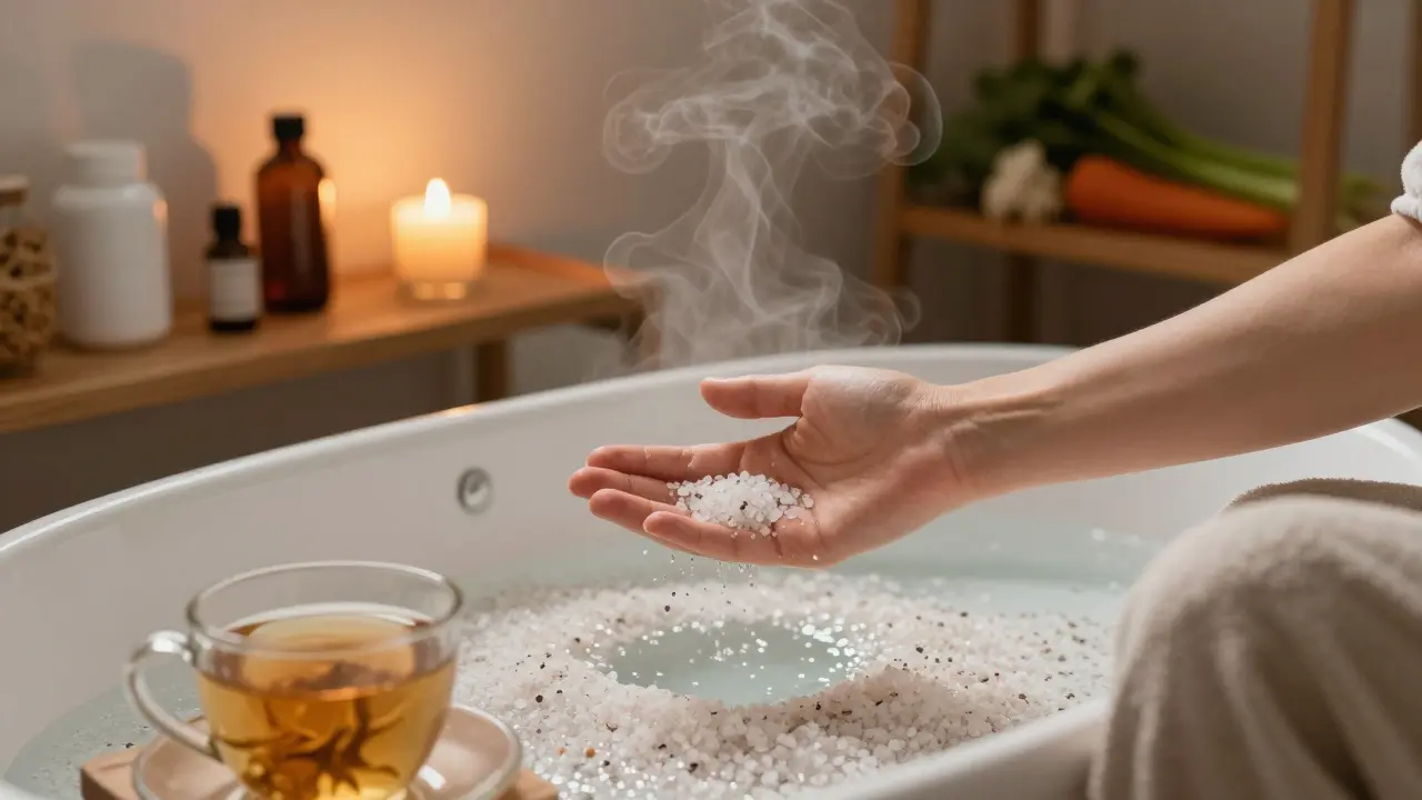 Osoba si koupá ruku ve vlažné vodě s mořskou solí ve večerní klidné atmosféře.