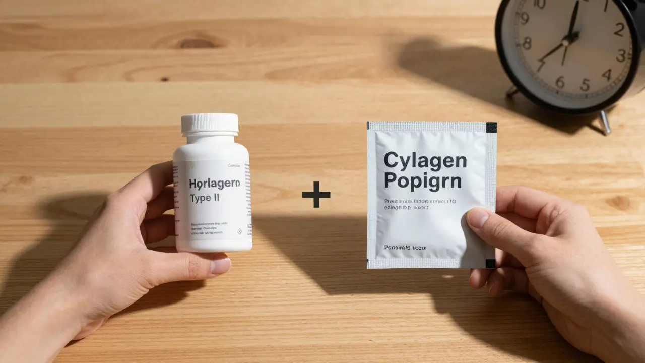 Porovnání běžného a kvalitního kolagenového doplňku s označením dávky a typu.
