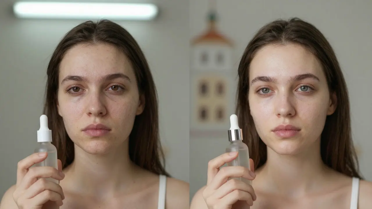 Porovnání nezdravé a zdravé pleti s sérem – zleva matná, zprava zářivá kůže.