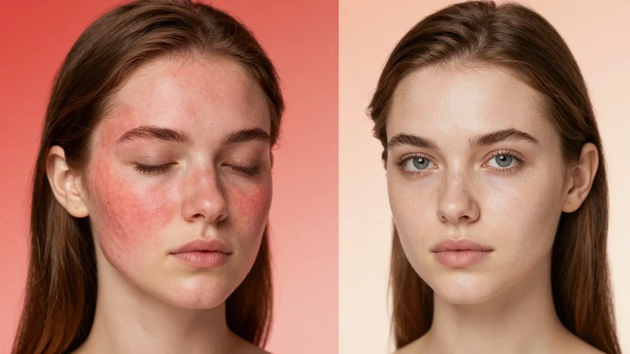 Porovnání pokožky před a po šesti měsících používání retinolu.