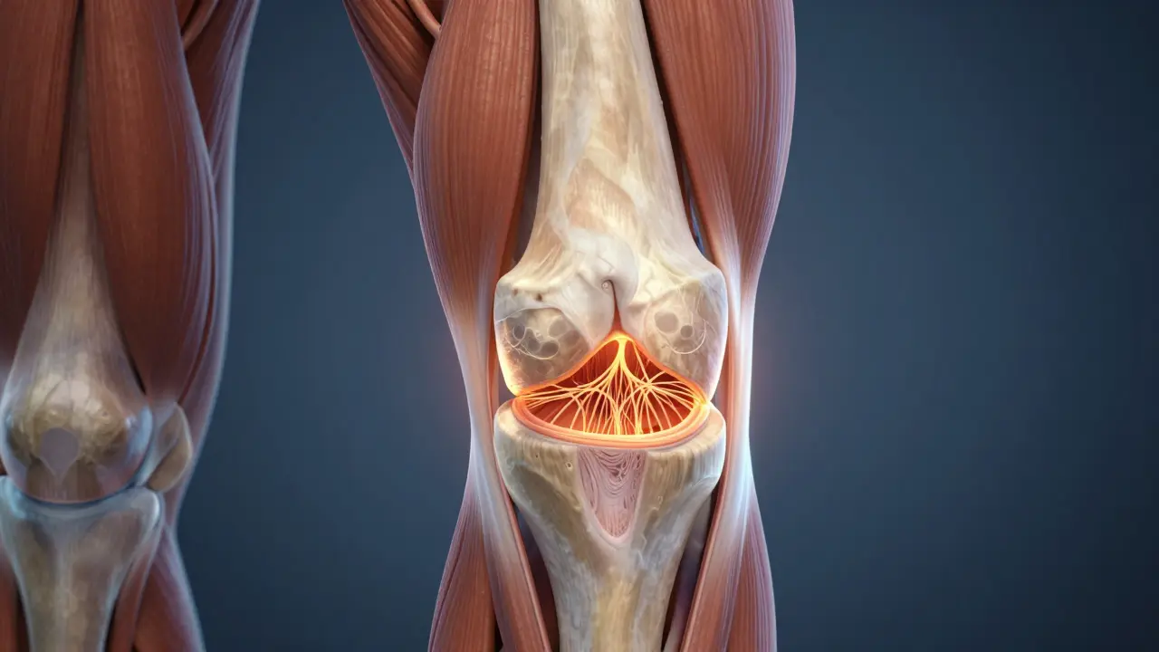 Přehled kloubu kolena s regenerující se chrupavkou a kolagenovými vlákny.