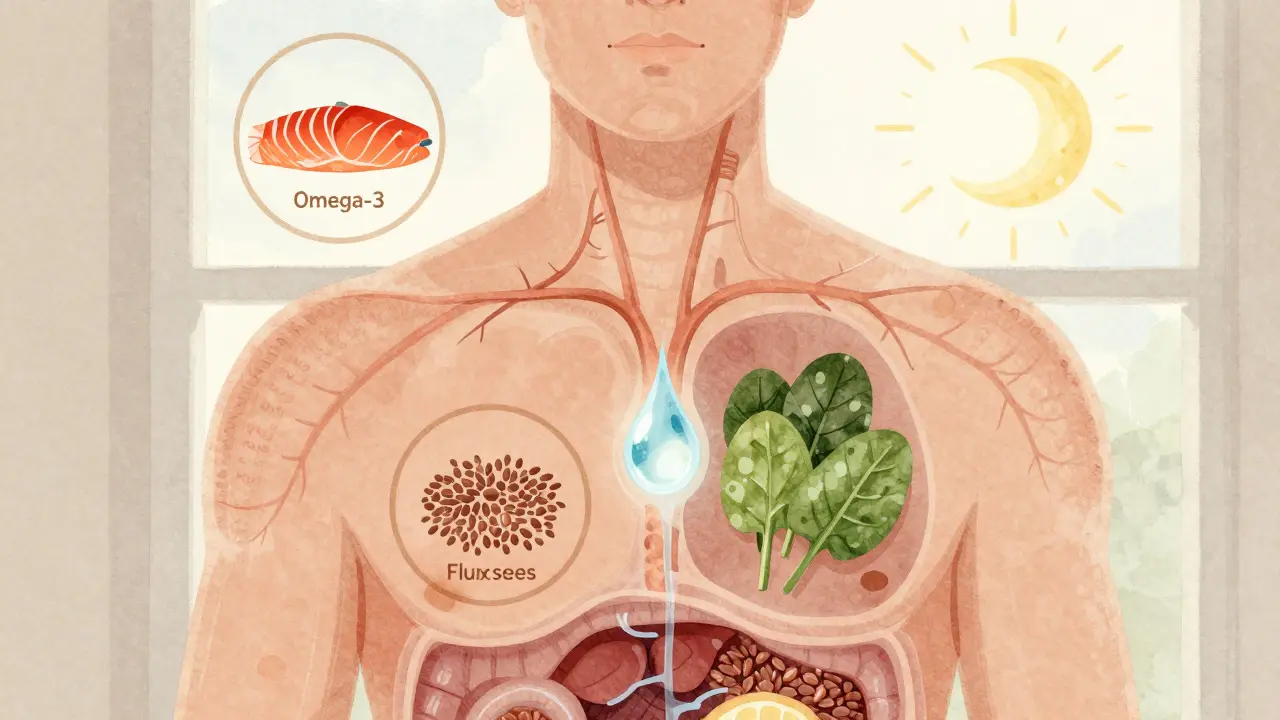 Přehled těla s vodou a výživou proudící k pokožce, symbolizující vnitřní zdraví kůže.