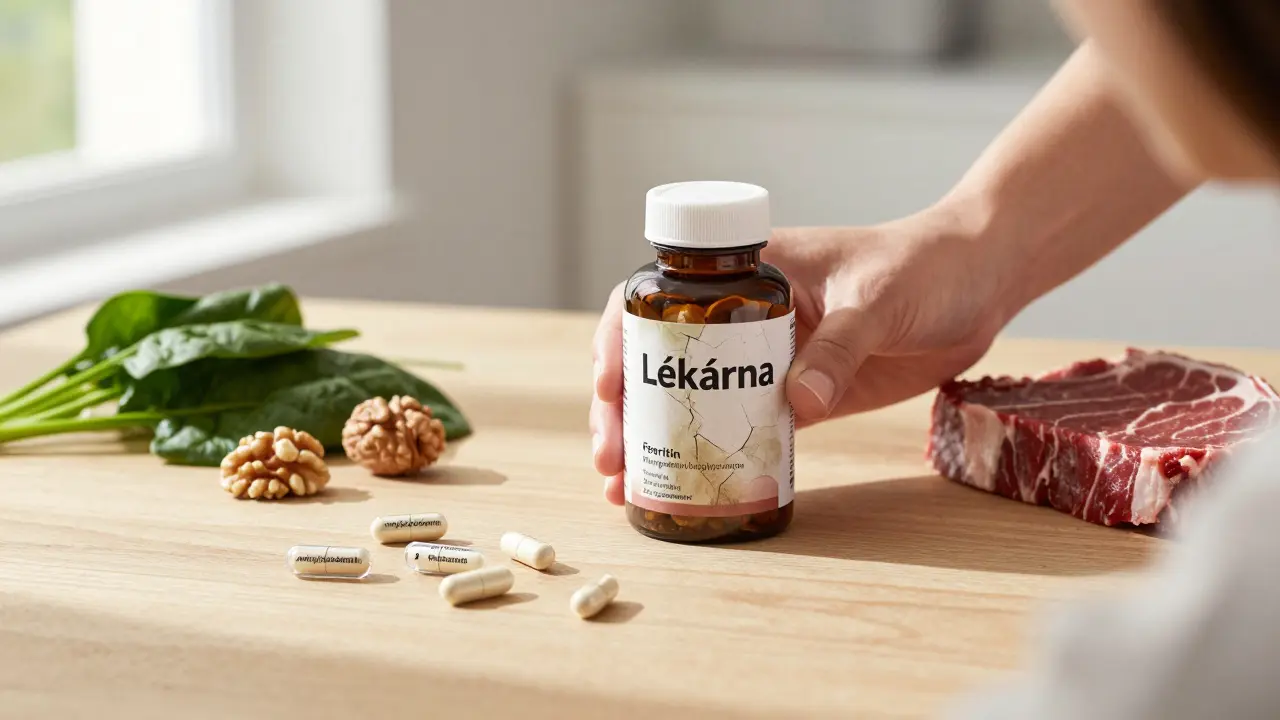 Přesné doplňky stravy vedle zdravých potravin na dřevěném stole, multivitamin s poškozenou etiketou