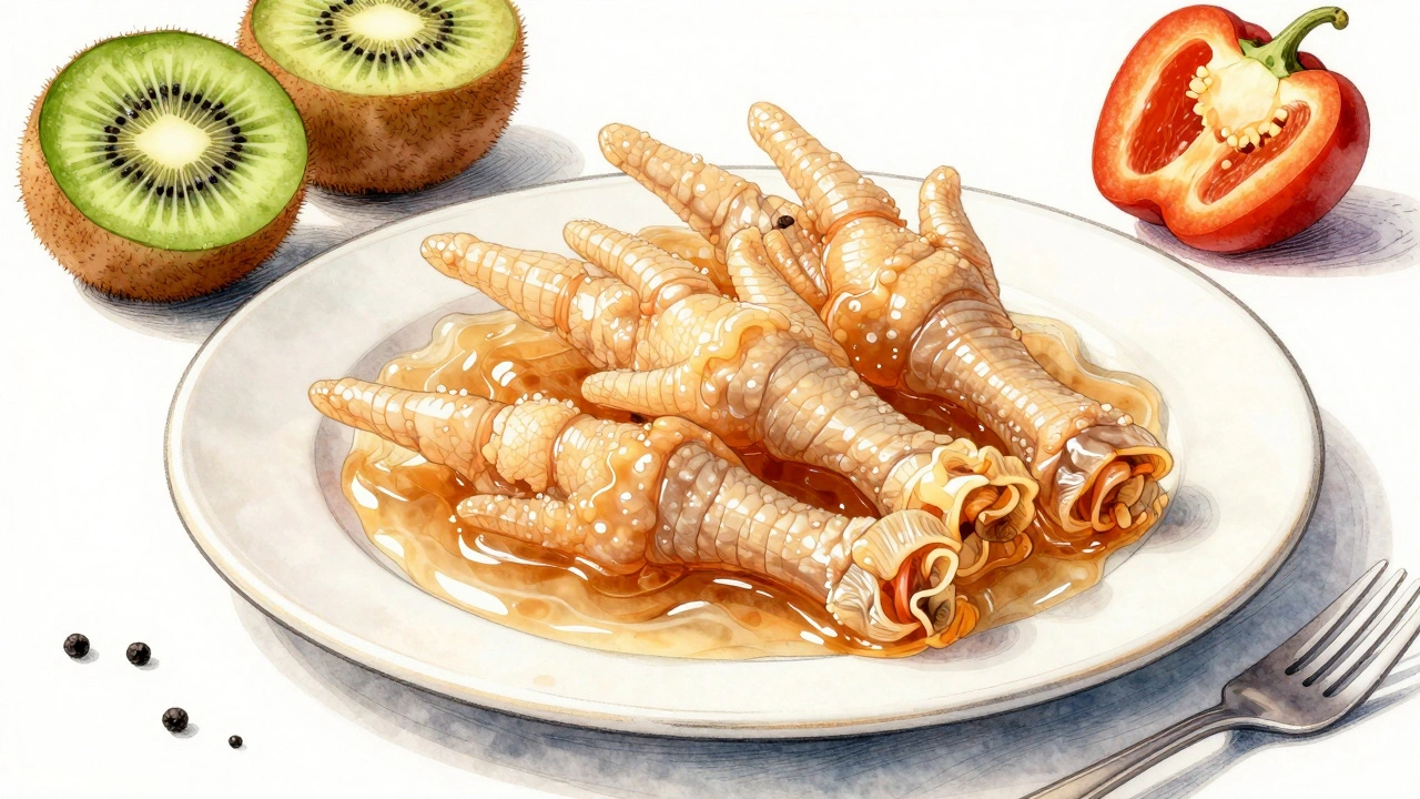 Přírodní zdroje kolagenu: kuřecí nožičky a rybí želé s vitamínem C na talíři.