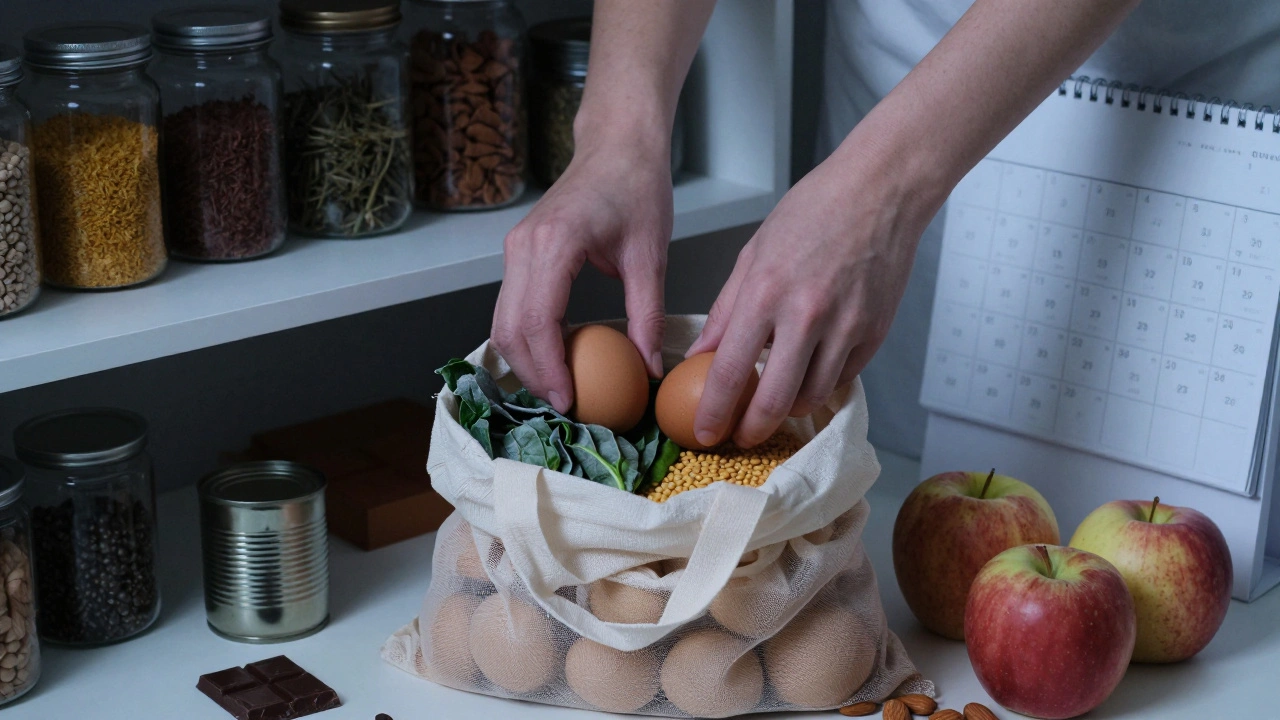 Ruce klade zdravé potraviny do obalu: vejce, špenát, ořechy a jablka