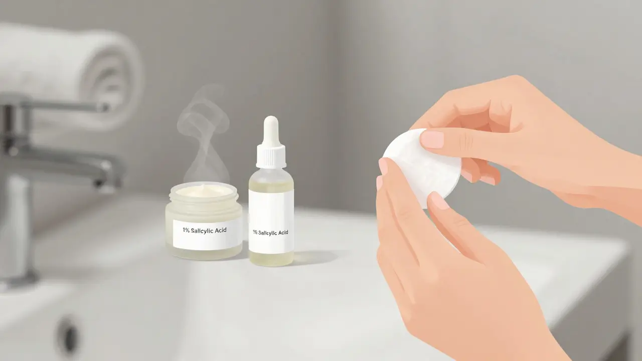 Ruka aplikující BHA toner na čistou pokožku s léčivými produkty na pozadí.