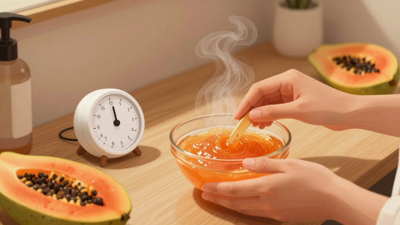 Ruka měří čas enzymatického peelingu s ovocnou maskou a kuchyňským časovačem.
