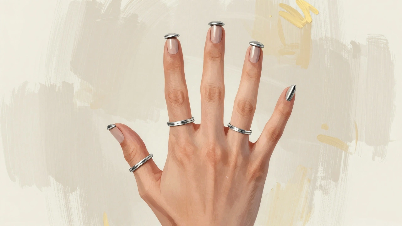 Ruka s kroužky na všech pěti nehtech