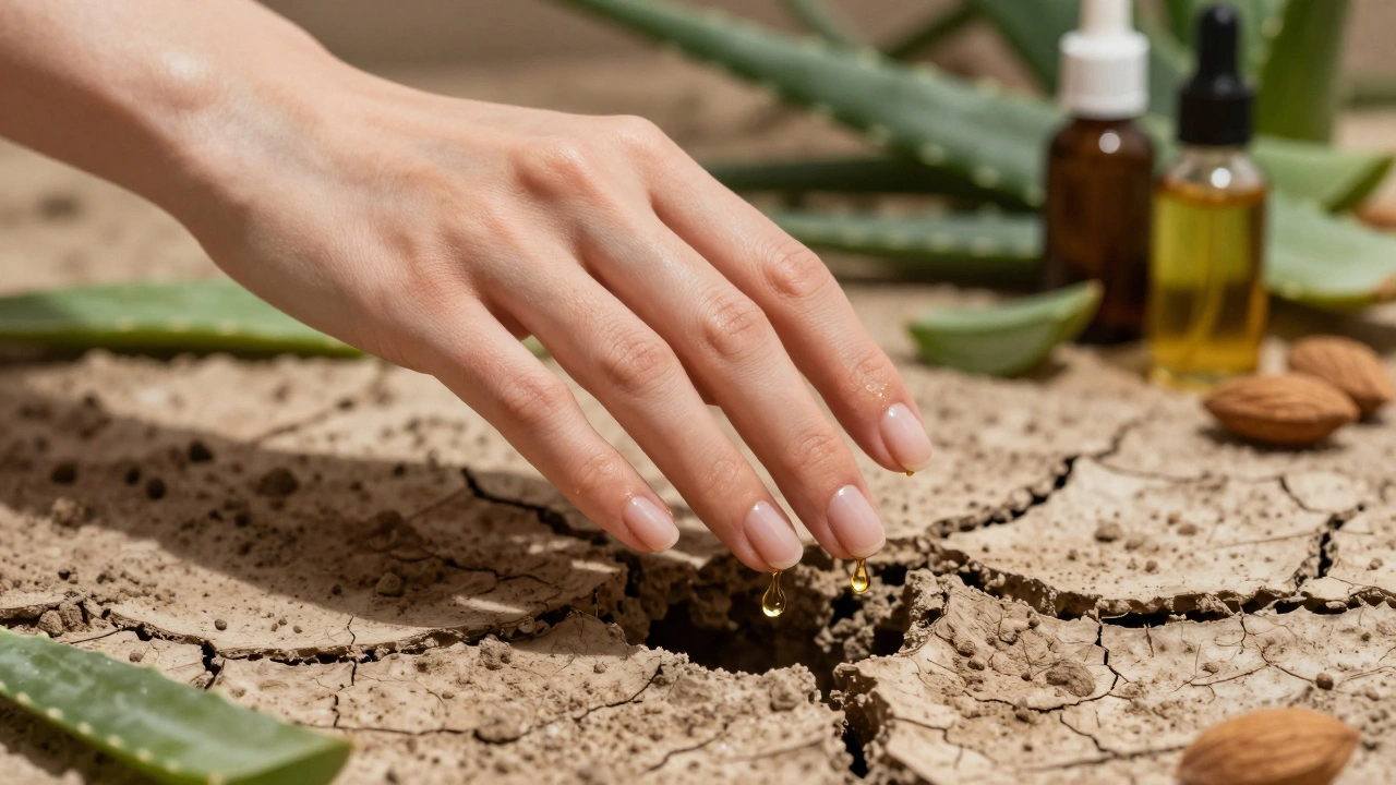 Ruka z obnovované půdy s lesknoucími se nehty, symbolizující obnovu péčí o nehty.