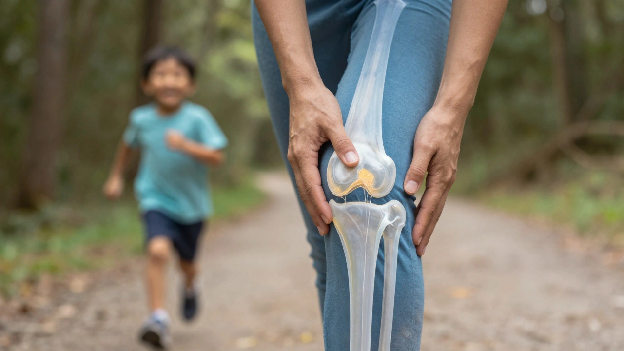 Rukou se dotýká kloubu, kolagenová vlákna se obnovují, za ním je cesta přírodou.