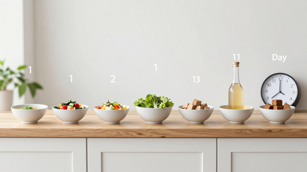 Sekvence sedmi jídel v pořadí dnů po antibiotikách, ukazující postupnou obnovu stravy.