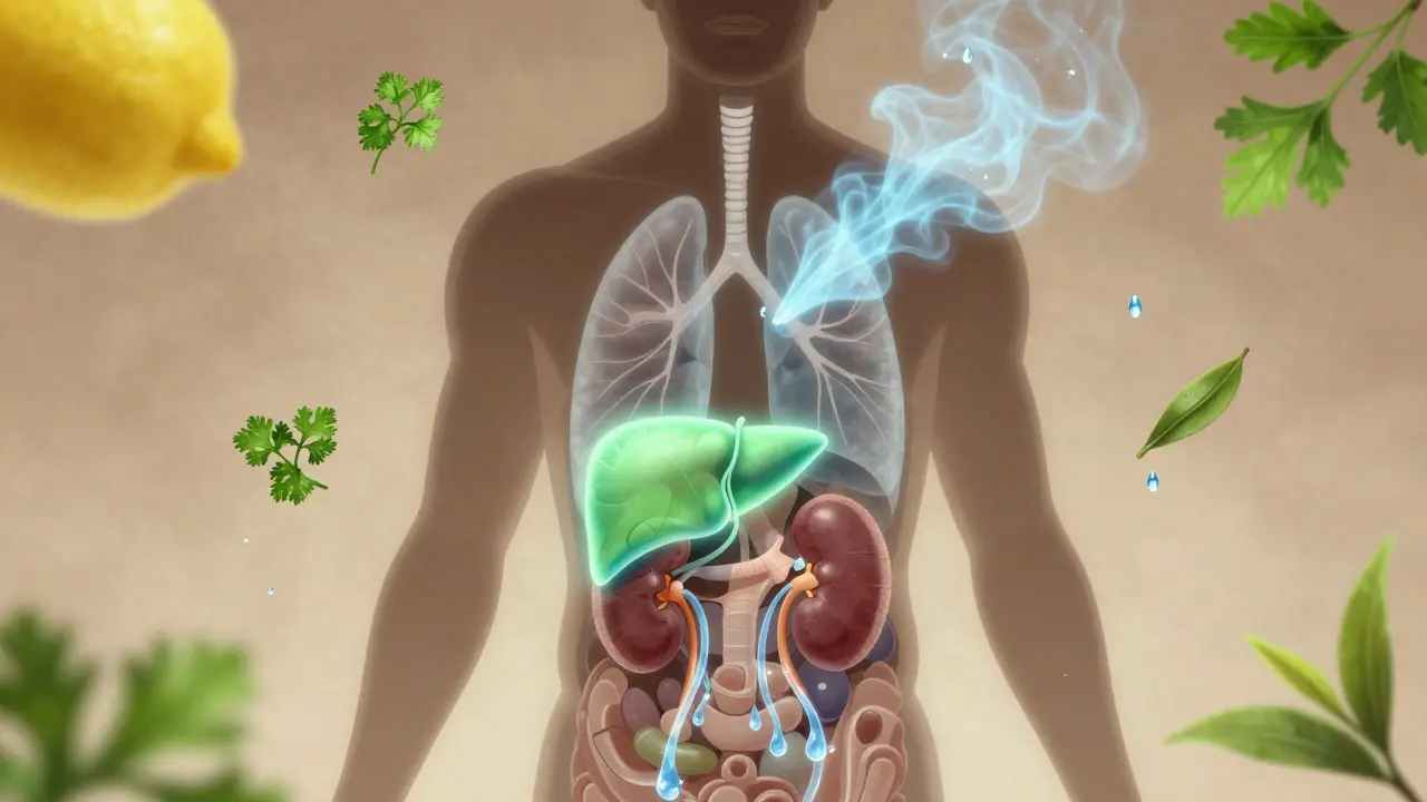 Silueta lidského těla s vnitřními orgány, které vydávají světlo, okolo ní přírodní látky jako citrón a petržel.