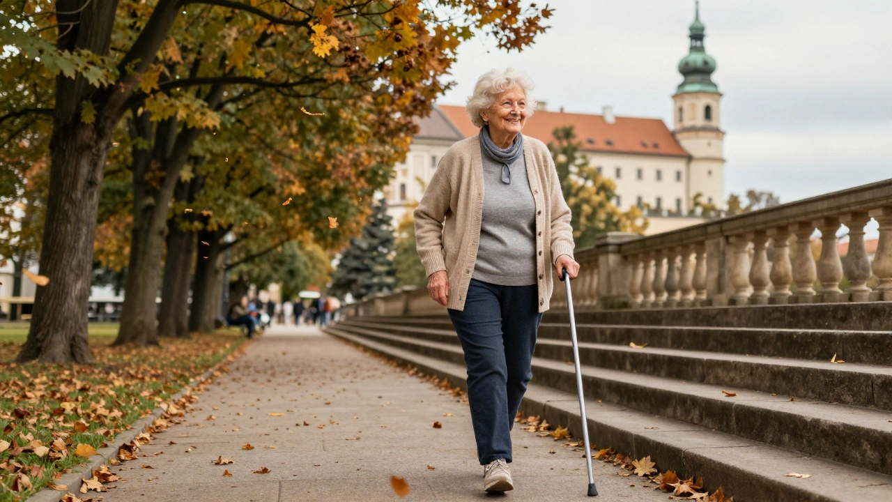 Starší žena chodí po schodech na hradě Špilberk s větší pohyblivostí.