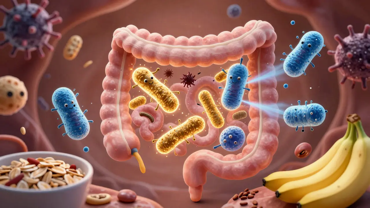 Střevo s větvičkami přátelských bakterií obnovujících rovnováhu po antibiotikách.