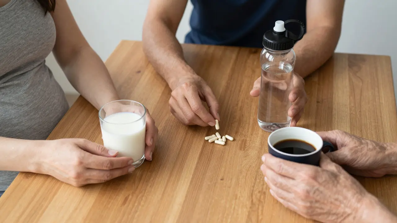 Tři ruce přidávají probiotika do různých denních rutin: těhotná žena, sportovec a starší člověk.