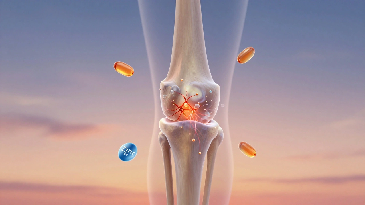 Ukázka kloubu s kolagenem a vitamínem C, které obnovují chrupavku.
